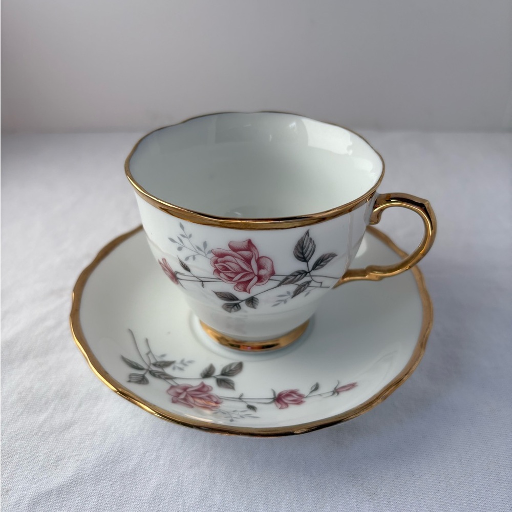Vintage Floral Teacup and Saucer with Gold Trim